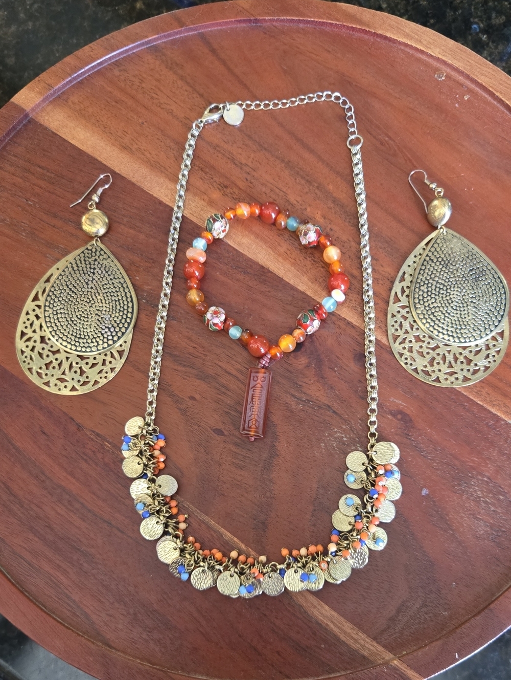 Boho Gold-Tone Coin Necklace & Orange Multi-Bead Bracelet Set